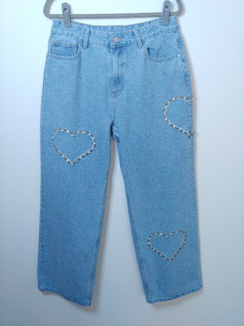 Cider Denim Heart Rhinestone Wide Leg Jeans Light Wash